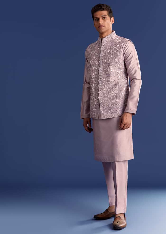 Lilac Kurta Set In Cotton Silk With Mirror Threadwork Jacket