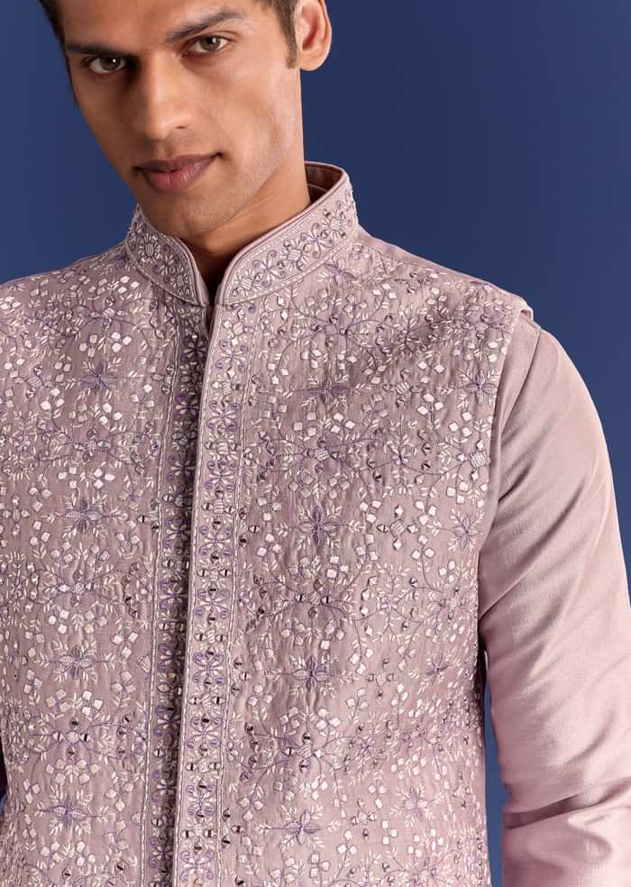 Lilac Kurta Set In Cotton Silk With Mirror Threadwork Jacket