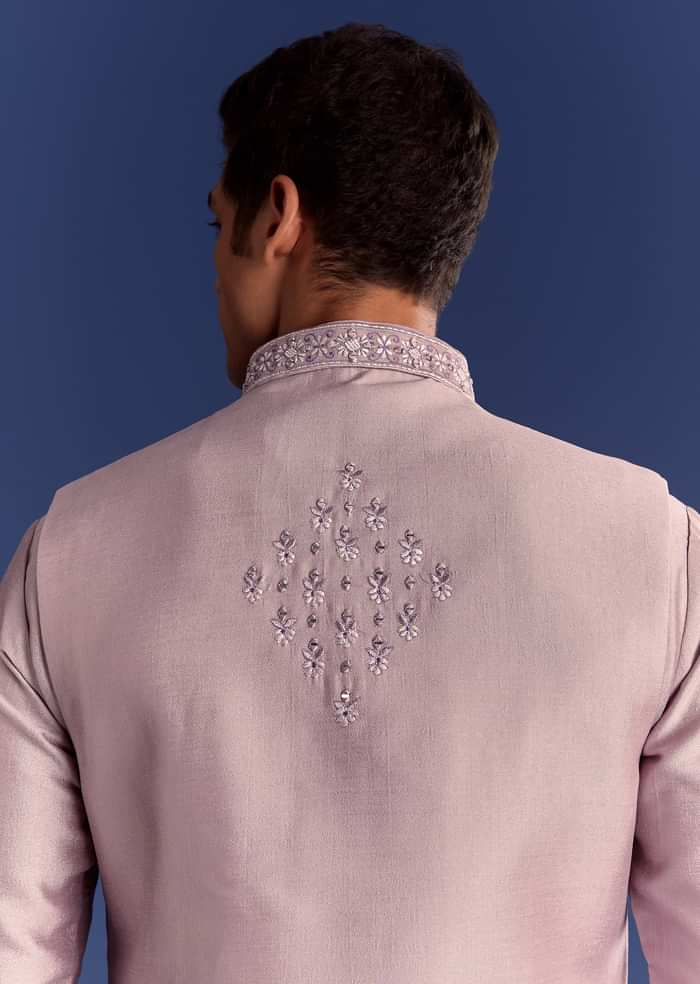 Lilac Kurta Set In Cotton Silk With Mirror Threadwork Jacket