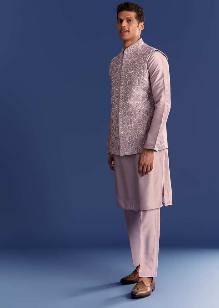 Lilac Kurta Set In Cotton Silk With Mirror Threadwork Jacket