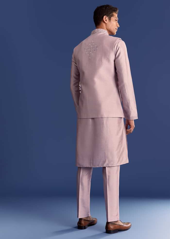 Lilac Kurta Set In Cotton Silk With Mirror Threadwork Jacket