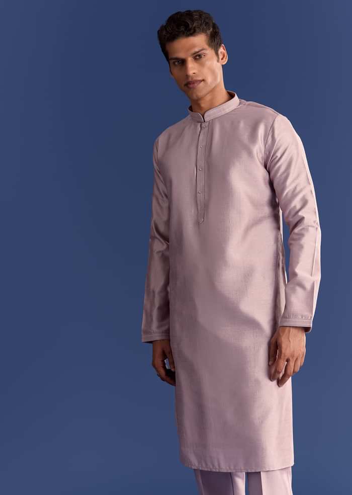 Lilac Kurta Set In Cotton Silk With Mirror Threadwork Jacket