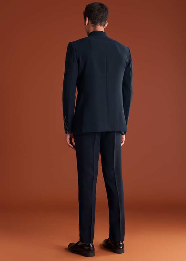 Navy Blue Jodhpuri Suit In Lachkaa Fabric With Hand Embroidery