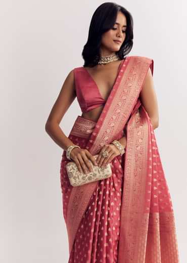 Dusky Pink Silk Saree With Butti And Woven Border
