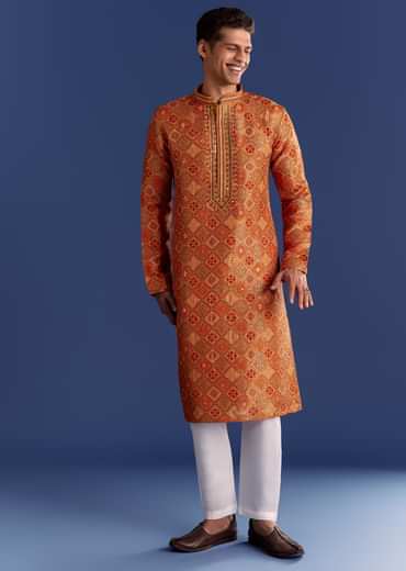 Mustard Brocade Kurta Set With Mirrorwork Geometric Print