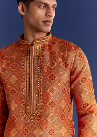 Mustard Brocade Kurta Set With Mirrorwork Geometric Print