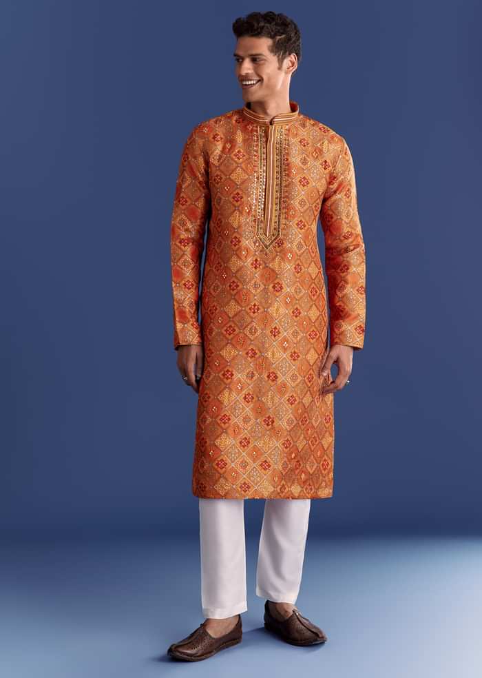 Mustard Brocade Kurta Set With Mirrorwork Geometric Print