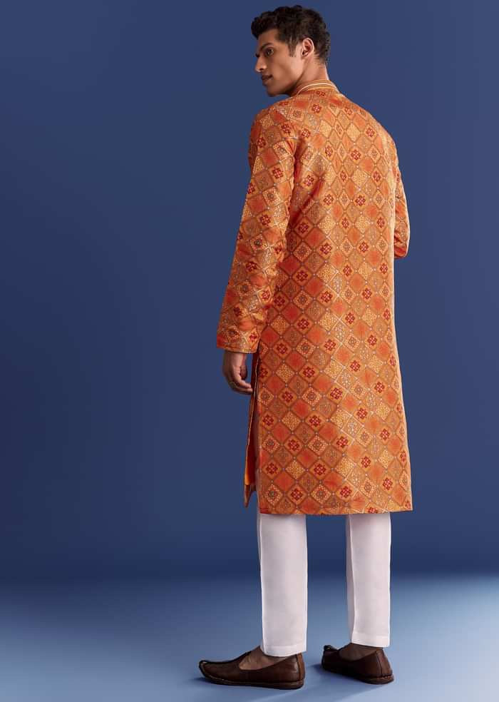 Mustard Brocade Kurta Set With Mirrorwork Geometric Print