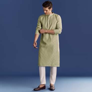 Green Benaras Jacquard Kurta Set With Print