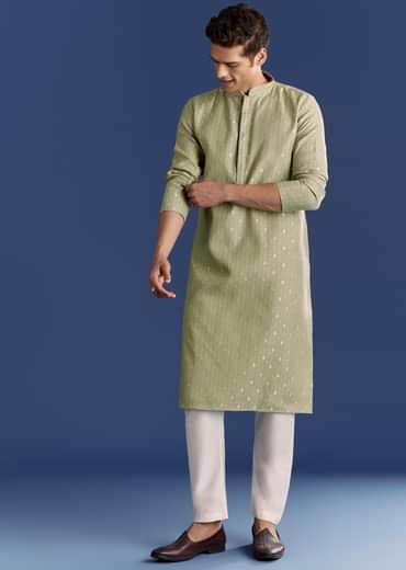 Green Benaras Jacquard Kurta Set With Print
