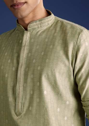 Green Benaras Jacquard Kurta Set With Print