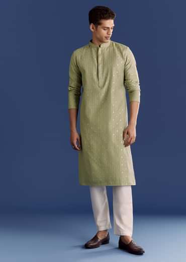 Green Benaras Jacquard Kurta Set With Print