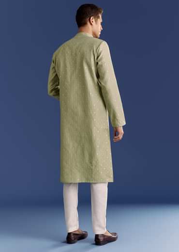 Green Benaras Jacquard Kurta Set With Print
