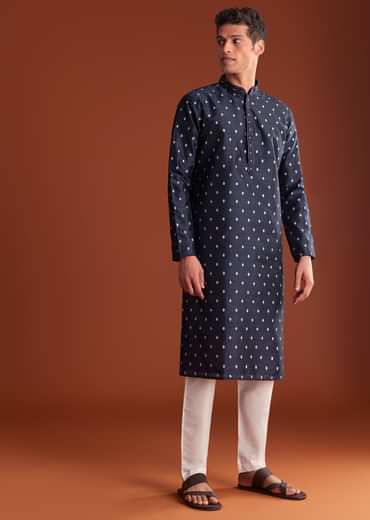 Blue Benaras Jacquard Kurta Set With Print