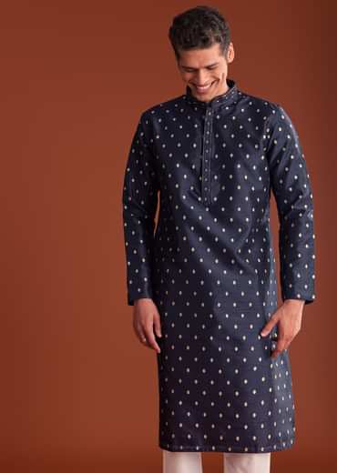 Blue Benaras Jacquard Kurta Set With Print