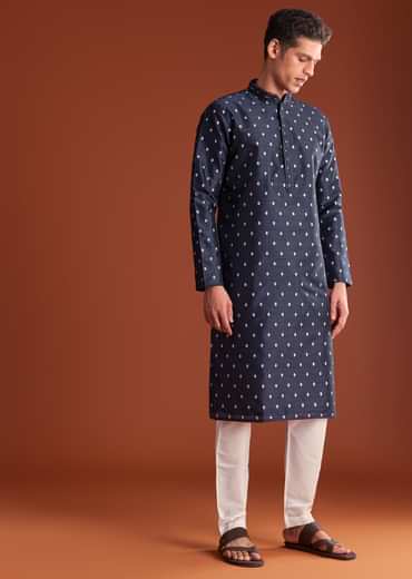 Blue Benaras Jacquard Kurta Set With Print