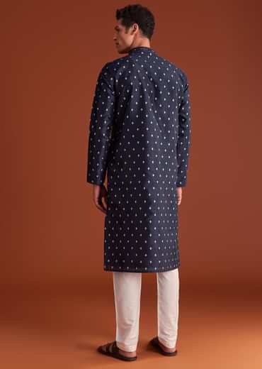 Blue Benaras Jacquard Kurta Set With Print