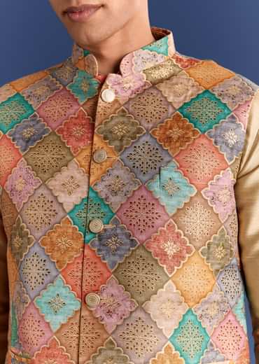 Multi Brocade Kurta Jacket Set With Symmetric Prints