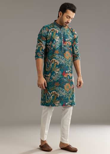Blue Silk Printed Kurta Set With Stone Embellishment