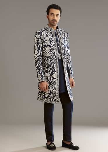Blue Suiting Indo Western Set With Floral Embroidery