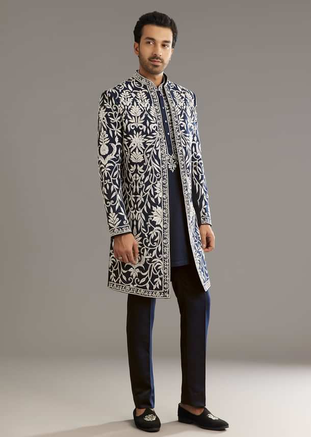 Blue Suiting Indo Western Set With Floral Embroidery Blue Suiting Indo Western Set With Floral Embroidery