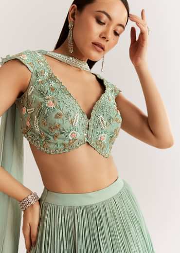 Sky Blue French Tissue Choli Set With Cutdana Moti And Beads