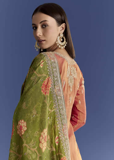Orange Tissue Kurta Set With Zari Palazzo And Floral Dupatta