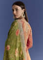 Orange Tissue Kurta Set With Zari Palazzo And Floral Dupatta