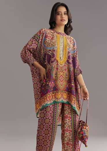 Multi Color Printed Kaftan Set With Stone and Lace Work and Matching Potli Bag