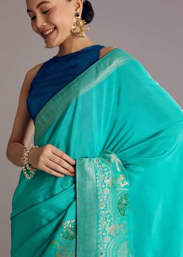 Turquoise Blue Woven Saree