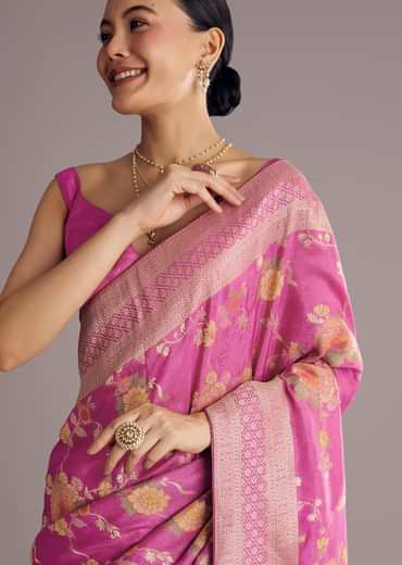 Onion Pink Dola Silk Saree With Multicolor Floral Jaal Weave