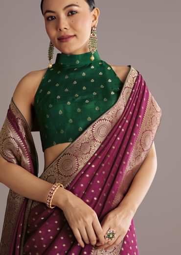 Wine Dola Silk Saree With Butti Work And Floral Border