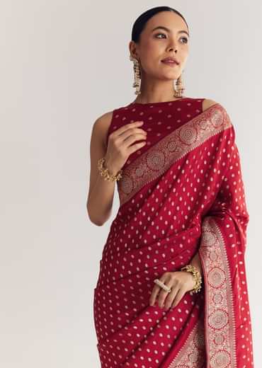 Maroon Butti Work Saree With Floral Border