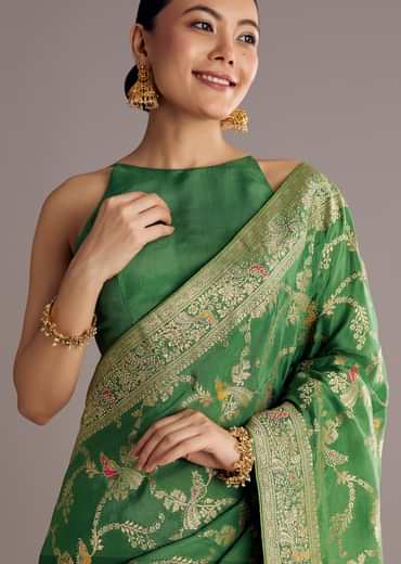 Pista Green Saree With Zari Jaal Weave And Stone Embellishments