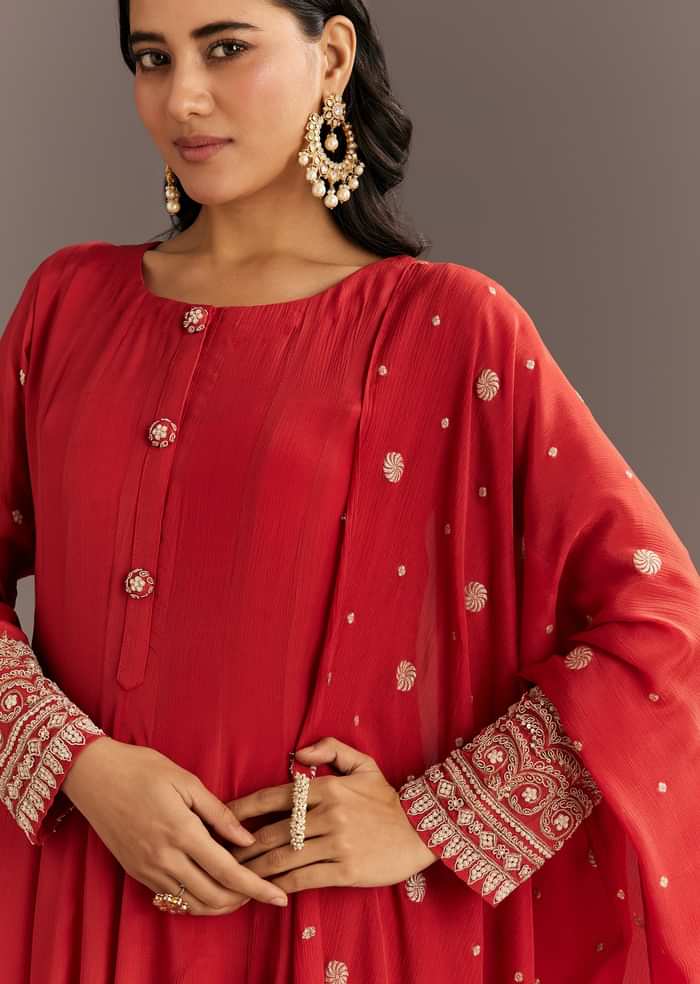 Deep Orange Chinon Kurta With Zardosi Sleeves And Butti Dupatta