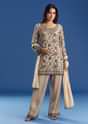 Cream Georgette Fully Beaded Kurta Pant Set With Dupatta