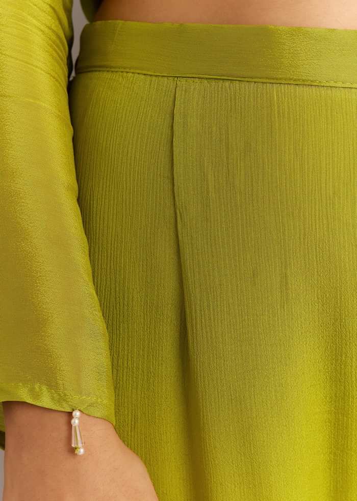 Green Chinon Asymmetrical Cut Kurta Sharara With Dupatta