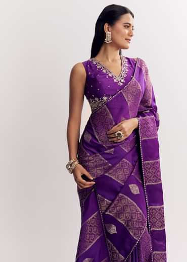 Purple Dola Silk Saree With Gota Patti Motif And Embroidered Blouse