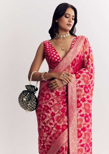 Rani Pink Georgette Saree With Zari Jaal Work