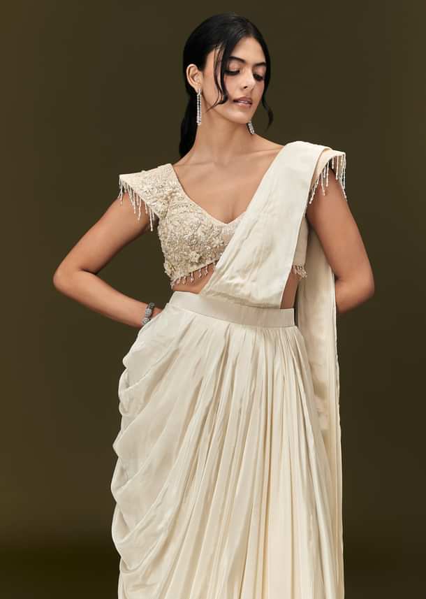 Ivory Crepe Pre Draped Saree With Zardosi And 3D Flower Motifs