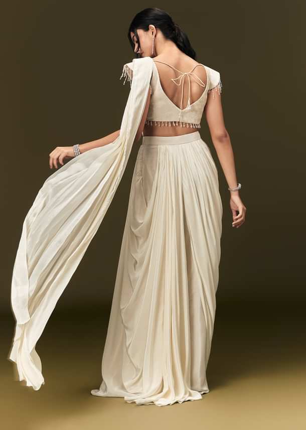 Ivory Crepe Pre Draped Saree With Zardosi And 3D Flower Motifs