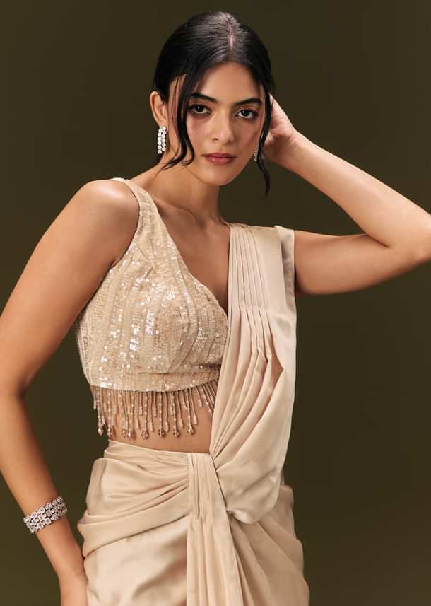 Ivory Crepe Pre Stitched Saree With Crystal And Moti Detailing