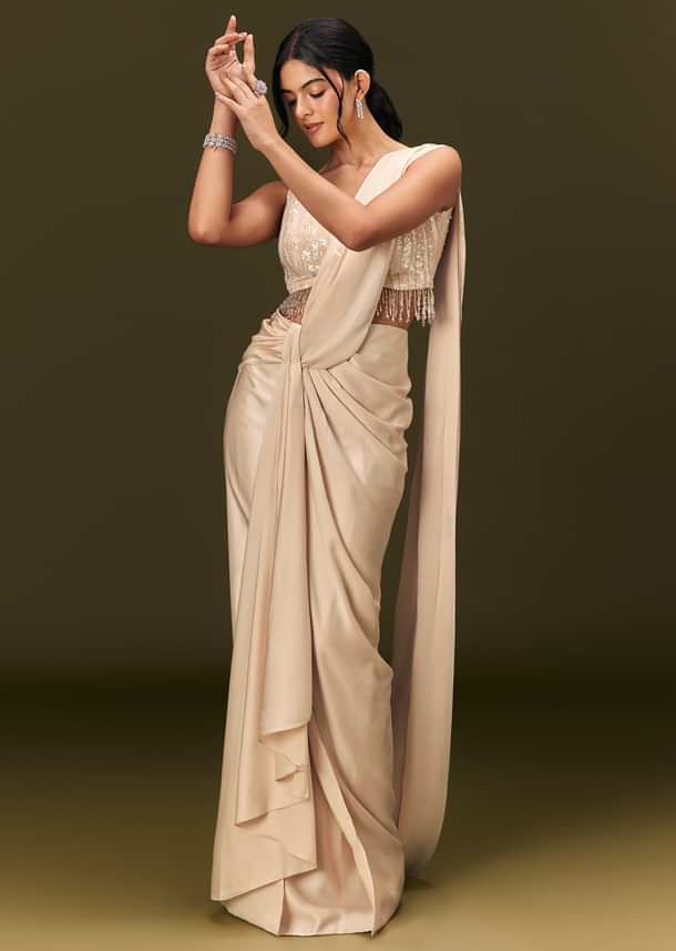 Ivory Crepe Pre Stitched Saree With Crystal And Moti Detailing
