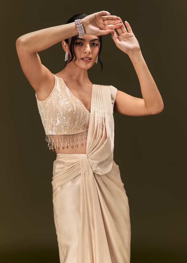 Ivory Crepe Pre Stitched Saree With Crystal And Moti Detailing