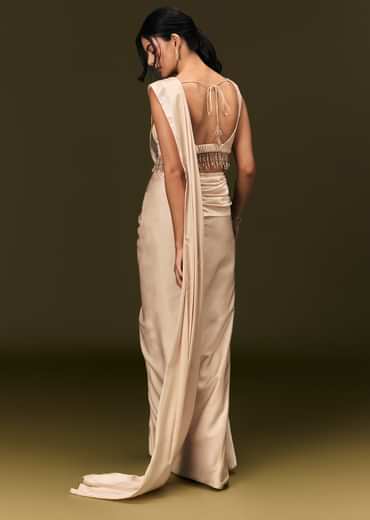 Ivory Crepe Pre Stitched Saree With Crystal And Moti Detailing