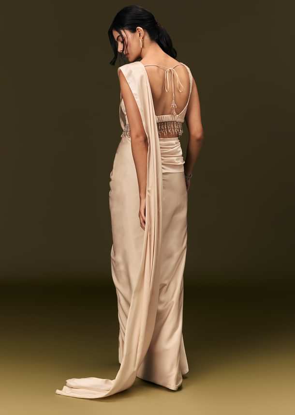 Ivory Crepe Pre Stitched Saree With Crystal And Moti Detailing