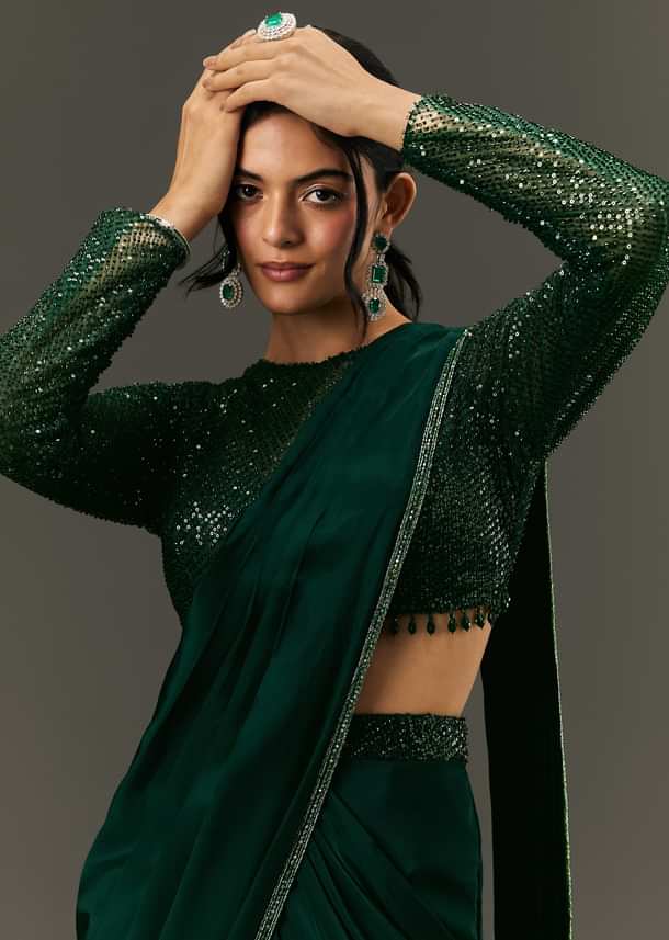 Bottle Green Pre Pleated Saree With Embroidered High Neck Full Sleeve Blouse