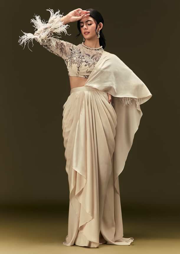 Off White Ready To Wear Satin Saree With Full Sleeve Blouse