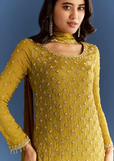 Mustard Yellow Chinon Kurta With Sharara And Dupatta