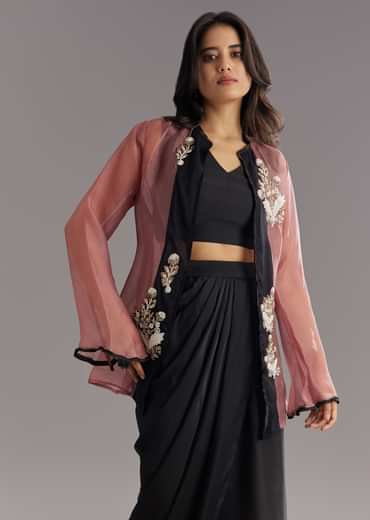 Black Organza Jacket and Satin Dhoti Palazzo Set With Zardosi Embroidery